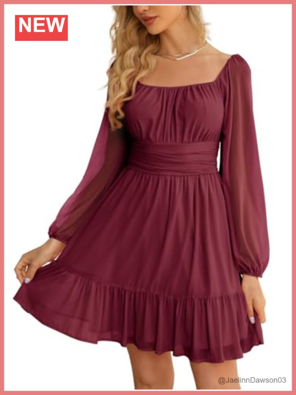 Wenrine Women's Mesh Long Sleeve Square Neck High Waist A Line Mini Dress